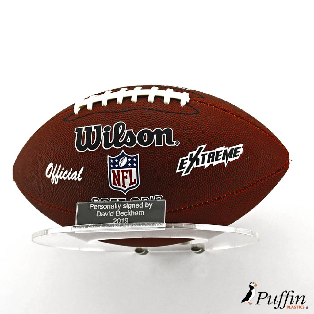 American football landscape wall stand with inscription Puffin Plastics