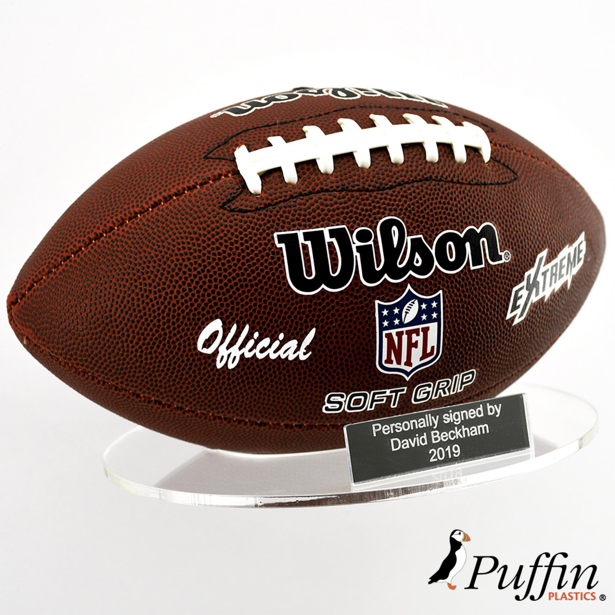 American football landscape wall stand with inscription Puffin Plastics