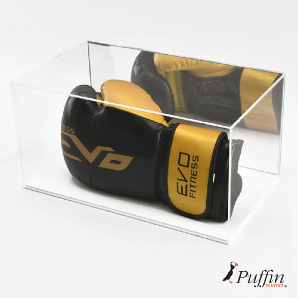 Puffin Plastics Single Portrait Boxing Glove Display Case – Clear Perspex Lid, Black Acrylic Base, 220x220x333mm, Glove Support Included