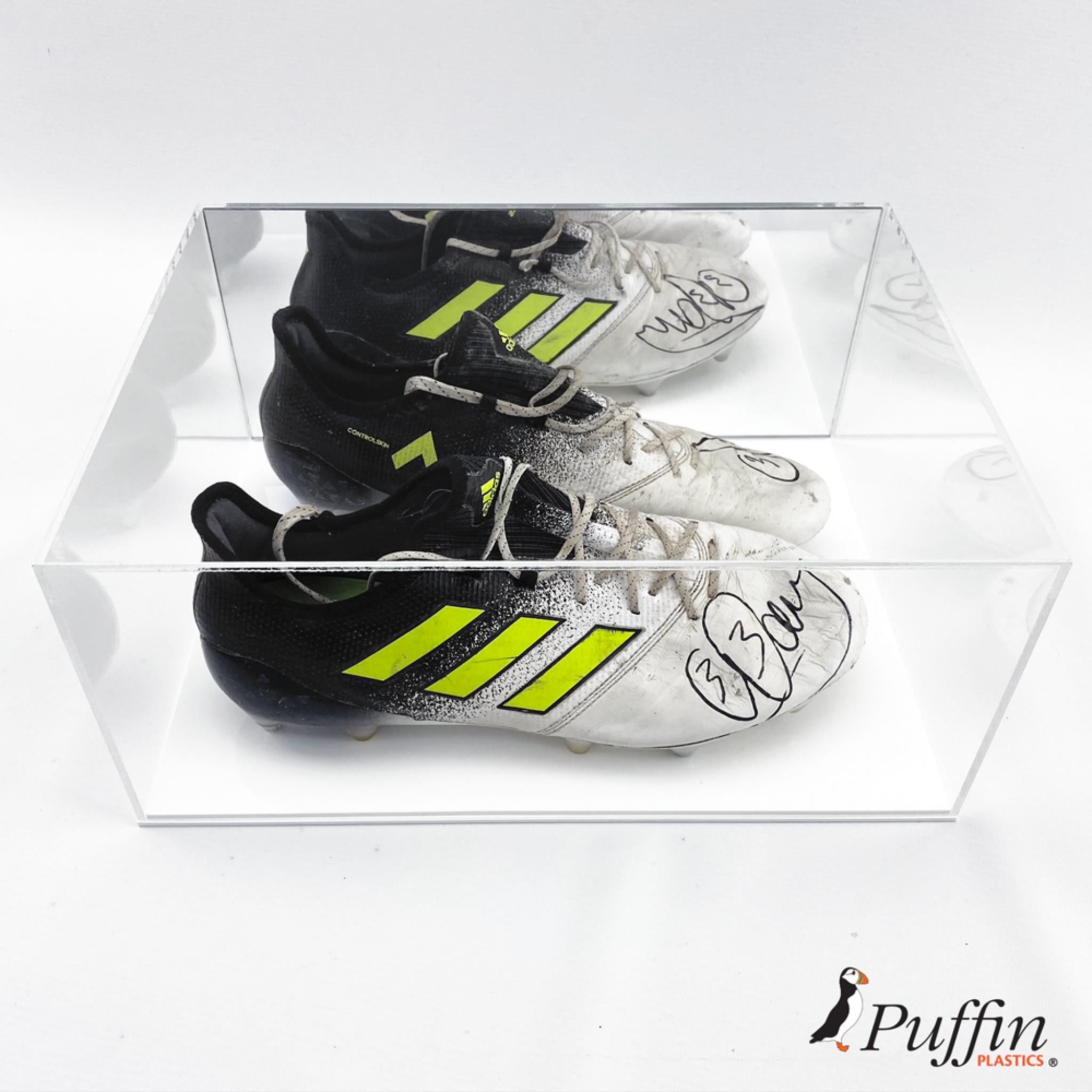 Football Boot Display Case Double White Base Puffin Plastics