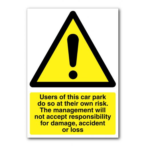 Users Of This Car Park Do So At Their Own Risk. The Management Will Not Accept Responsibility For Damage, Accident Or Loss Sign