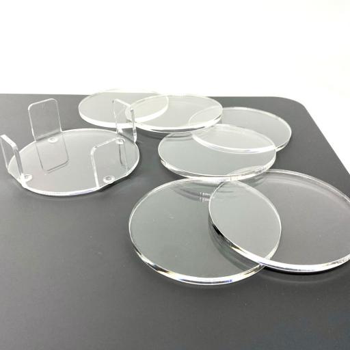 6 Pack of Clear Perspex Coasters and Coaster Holder